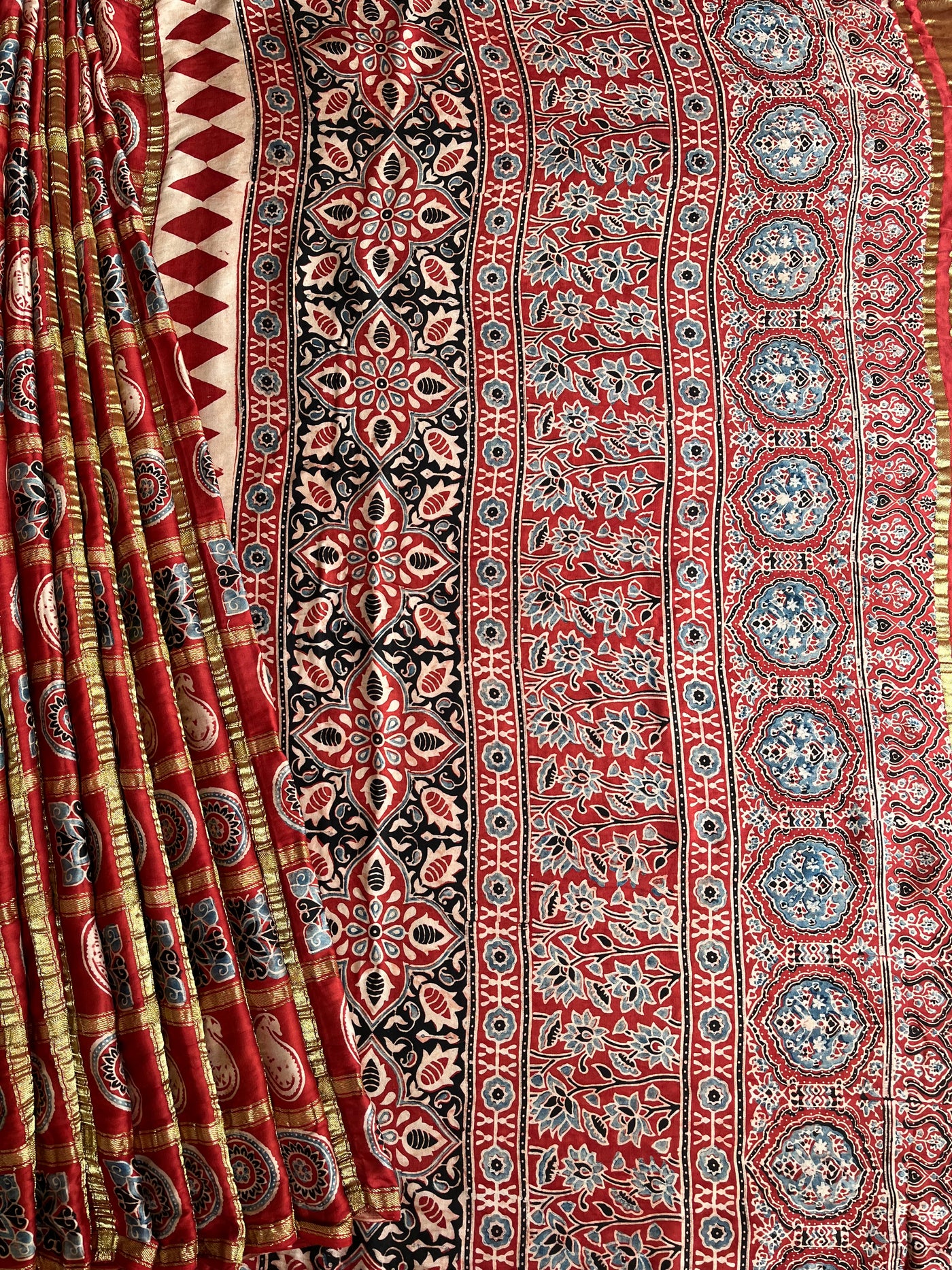 NISHABD :HANDBLOCK AJRAKH MODAL SILK GHARCHOLA SAREE