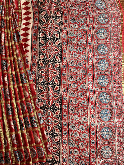NISHABD :HANDBLOCK AJRAKH MODAL SILK GHARCHOLA SAREE