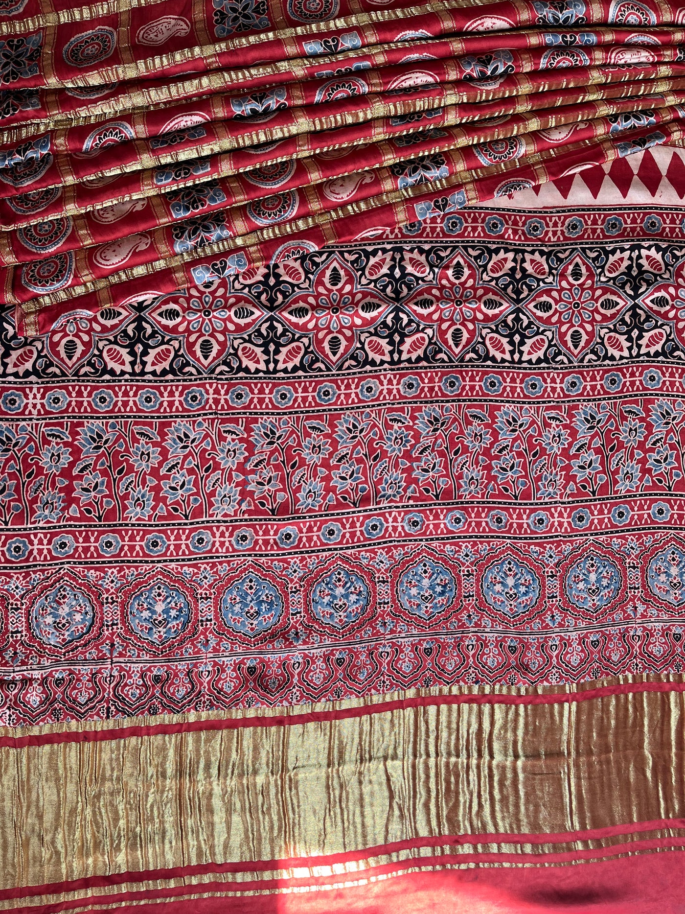 NISHABD :HANDBLOCK AJRAKH MODAL SILK GHARCHOLA SAREE