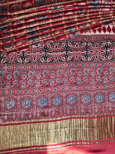 NISHABD :HANDBLOCK AJRAKH MODAL SILK GHARCHOLA SAREE