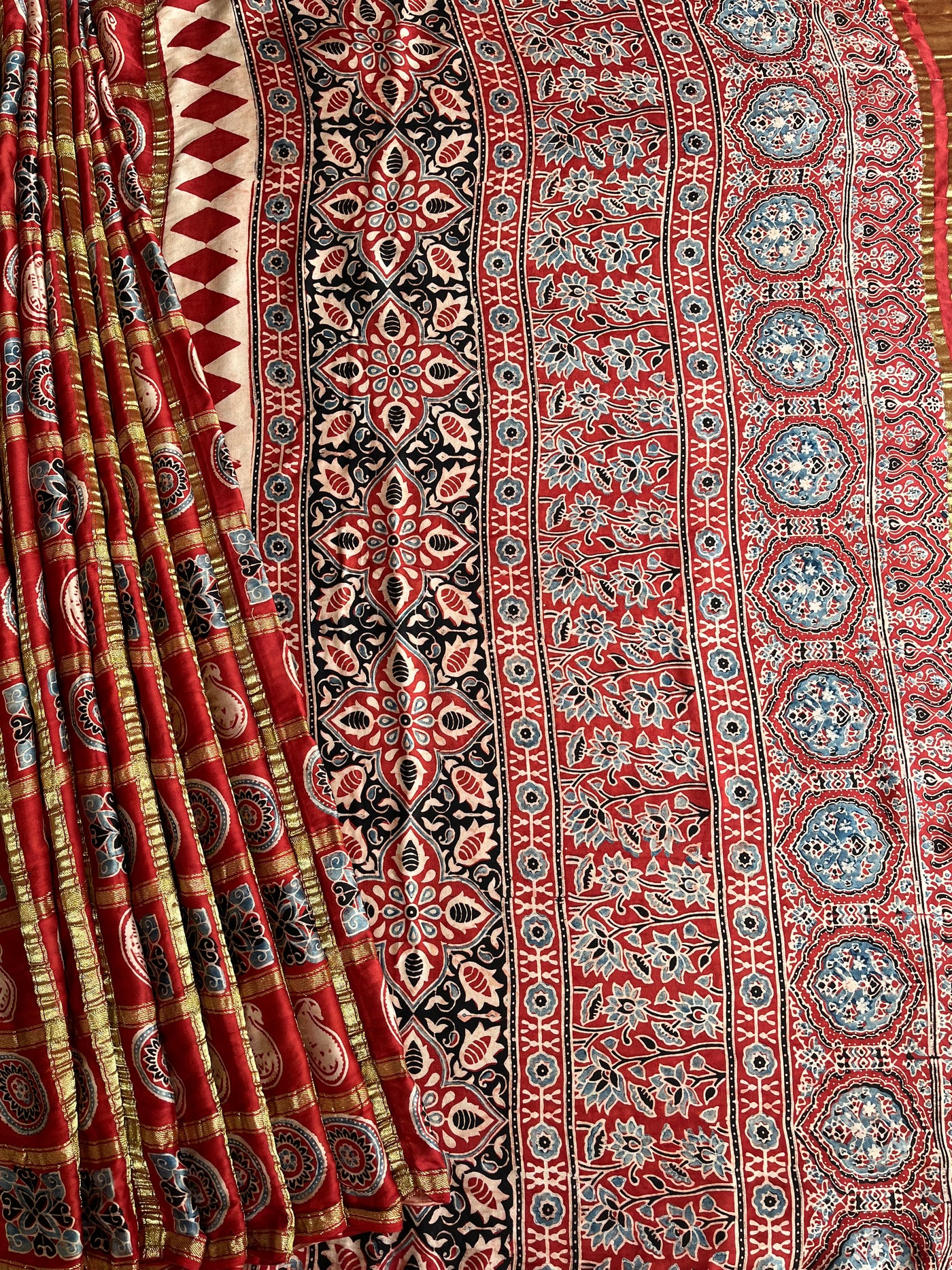 NISHABD :HANDBLOCK AJRAKH MODAL SILK GHARCHOLA SAREE