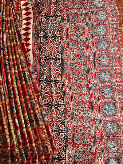 NISHABD :HANDBLOCK AJRAKH MODAL SILK GHARCHOLA SAREE