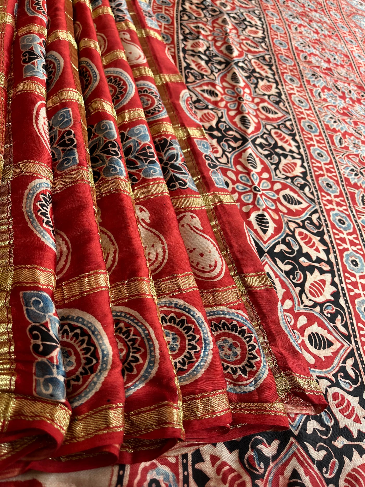 NISHABD :HANDBLOCK AJRAKH MODAL SILK GHARCHOLA SAREE