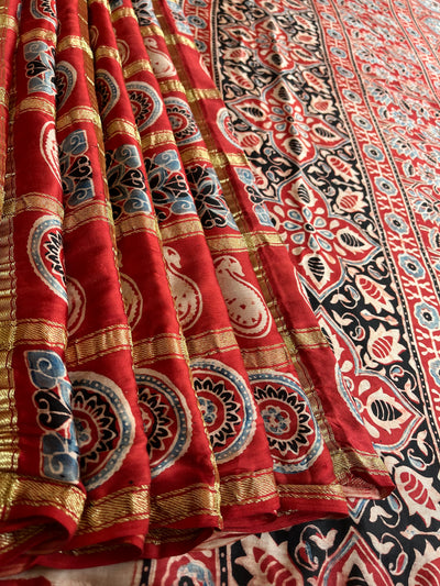 NISHABD :HANDBLOCK AJRAKH MODAL SILK GHARCHOLA SAREE