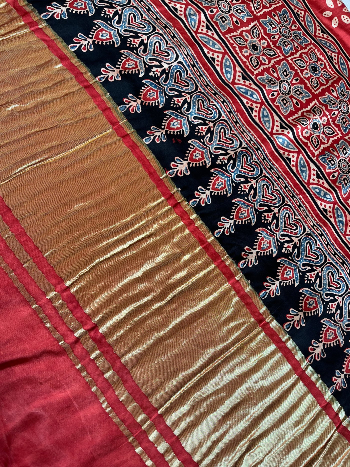 NARGISH :HANDBLOCK AJRAKH MODAL SILK GHARCHOLA SAREE