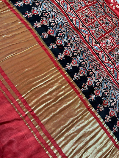 NARGISH :HANDBLOCK AJRAKH MODAL SILK GHARCHOLA SAREE