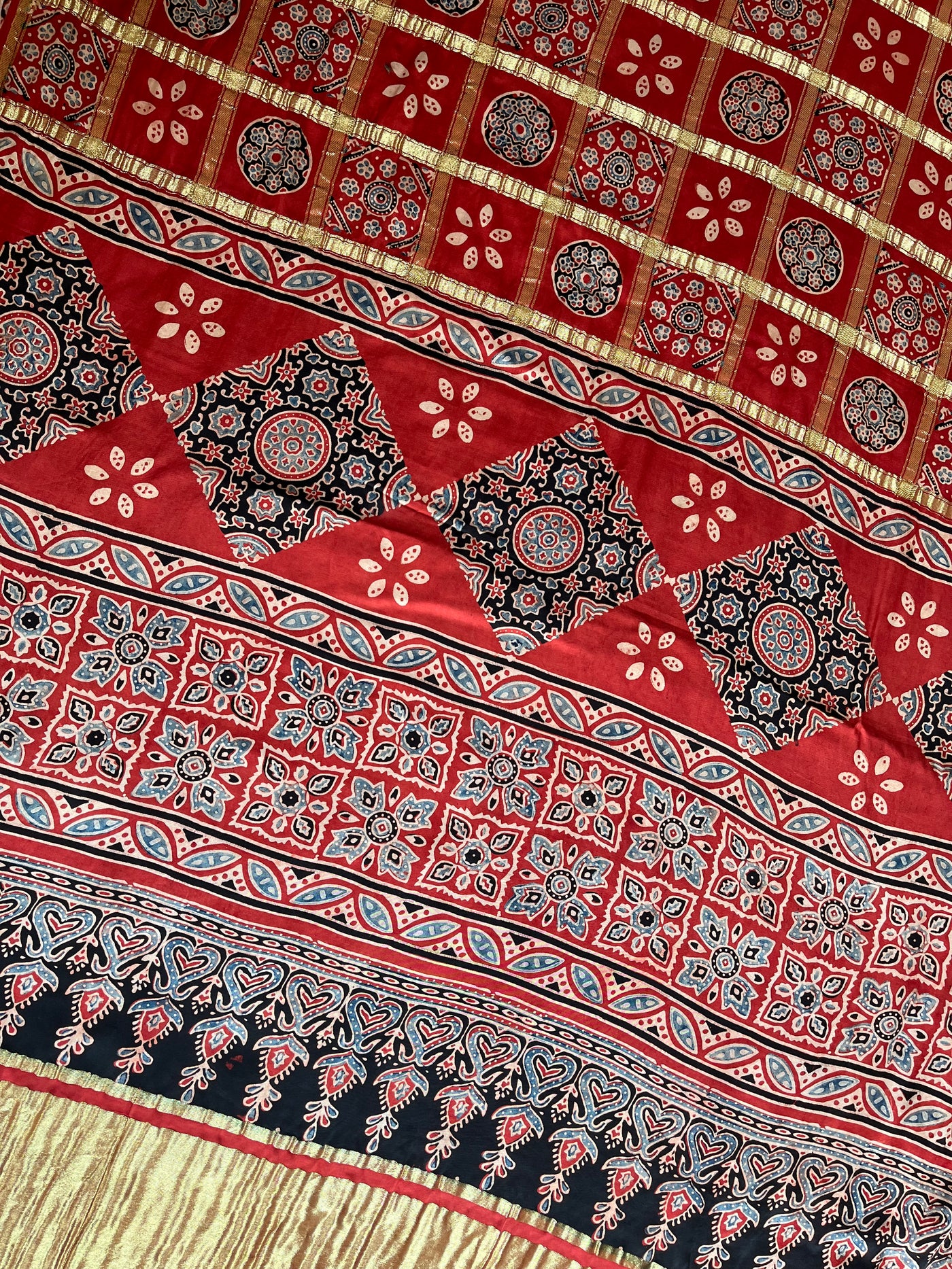 NARGISH :HANDBLOCK AJRAKH MODAL SILK GHARCHOLA SAREE