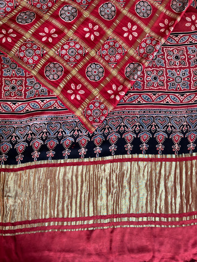 NARGISH :HANDBLOCK AJRAKH MODAL SILK GHARCHOLA SAREE