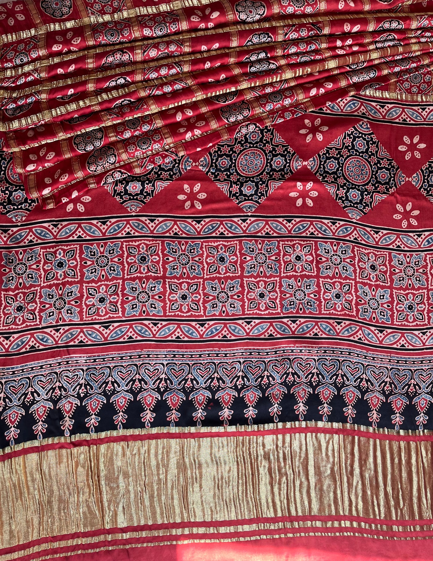 NARGISH :HANDBLOCK AJRAKH MODAL SILK GHARCHOLA SAREE