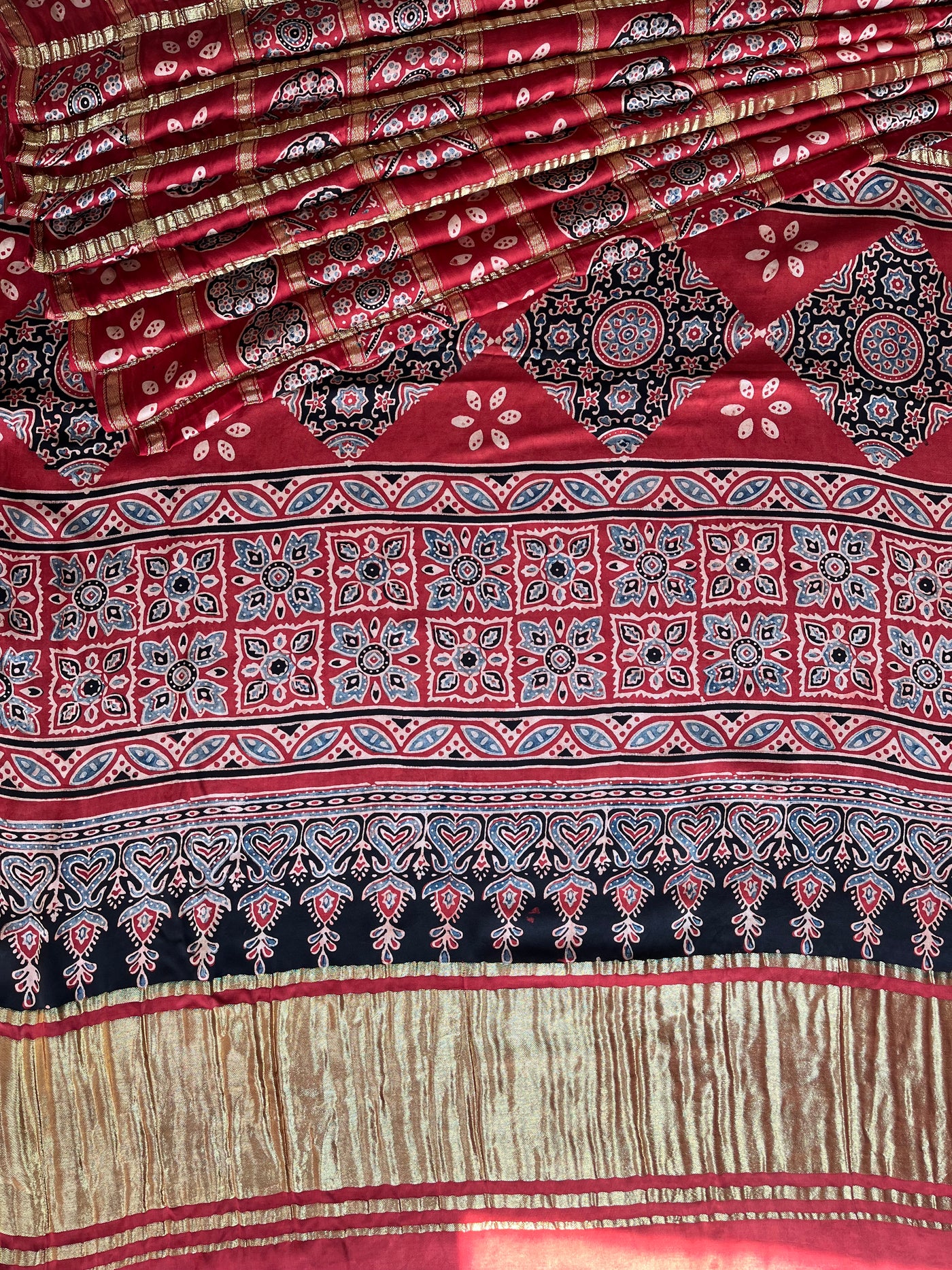 NARGISH :HANDBLOCK AJRAKH MODAL SILK GHARCHOLA SAREE