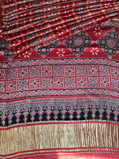 NARGISH :HANDBLOCK AJRAKH MODAL SILK GHARCHOLA SAREE