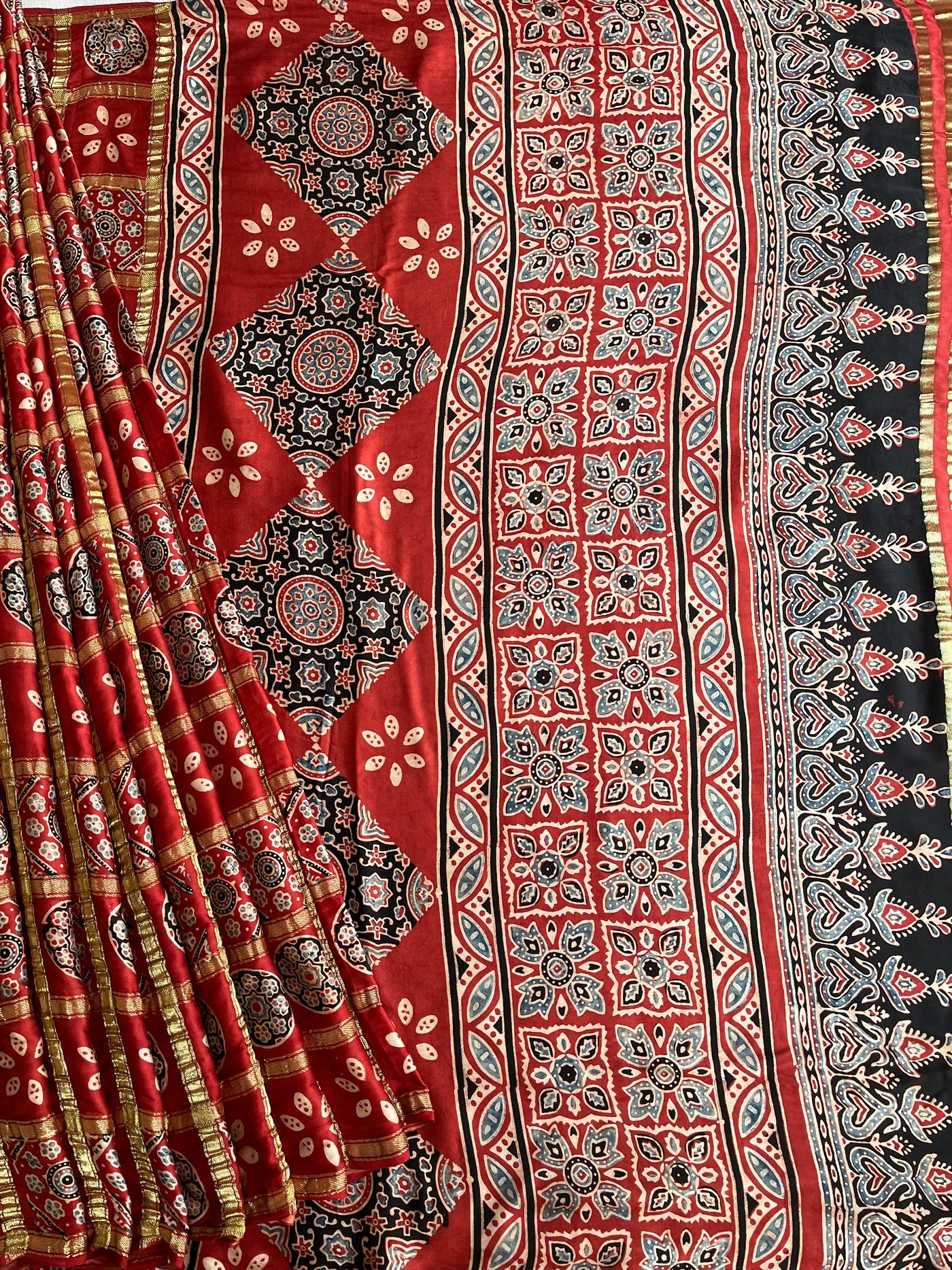 NARGISH :HANDBLOCK AJRAKH MODAL SILK GHARCHOLA SAREE