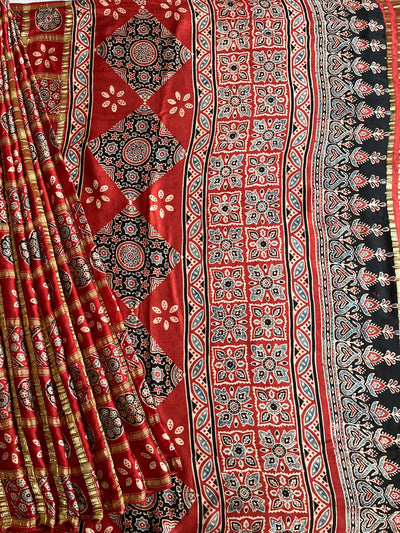 NARGISH :HANDBLOCK AJRAKH MODAL SILK GHARCHOLA SAREE