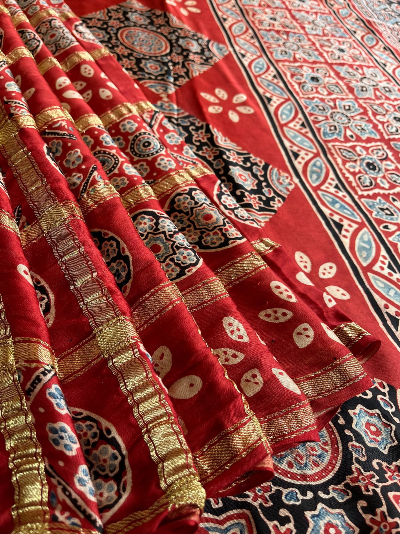 NARGISH :HANDBLOCK AJRAKH MODAL SILK GHARCHOLA SAREE
