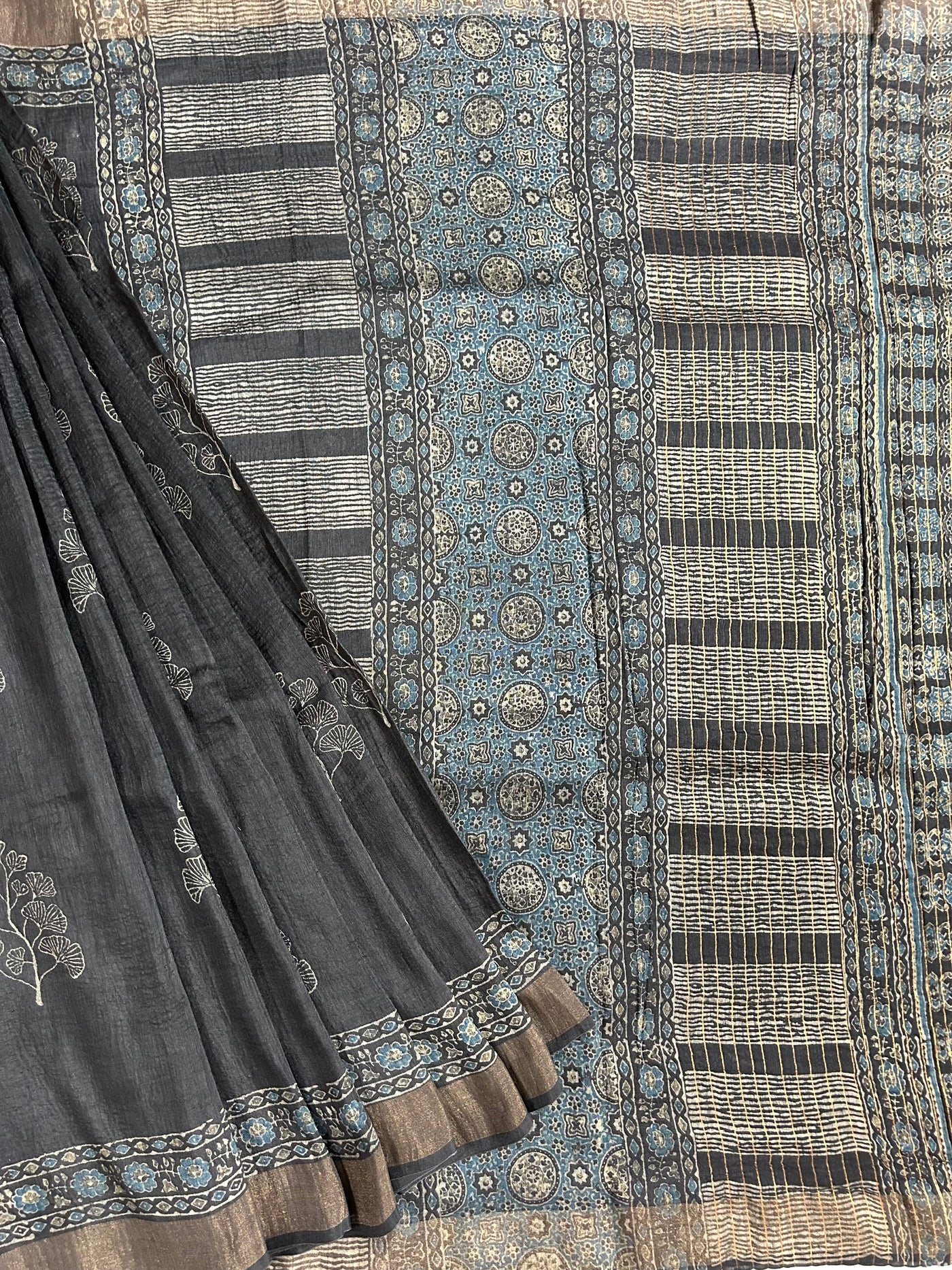 YASHODA: Handblock LINEN Silk Tissue Ajrakh Saree