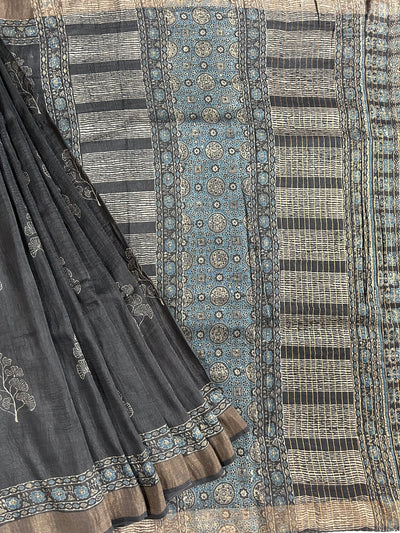 YASHODA: Handblock LINEN Silk Tissue Ajrakh Saree