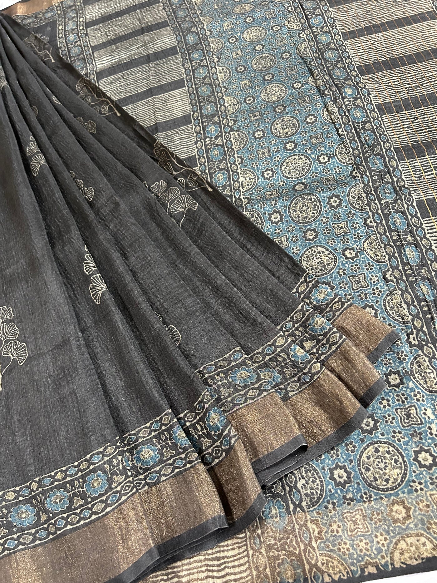 YASHODA: Handblock LINEN Silk Tissue Ajrakh Saree