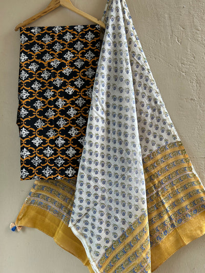 NAYAN: HANDBLOCK PRINTED COTTON 3 PIECE SUIT SET WITH CHANDERI DUPATTA