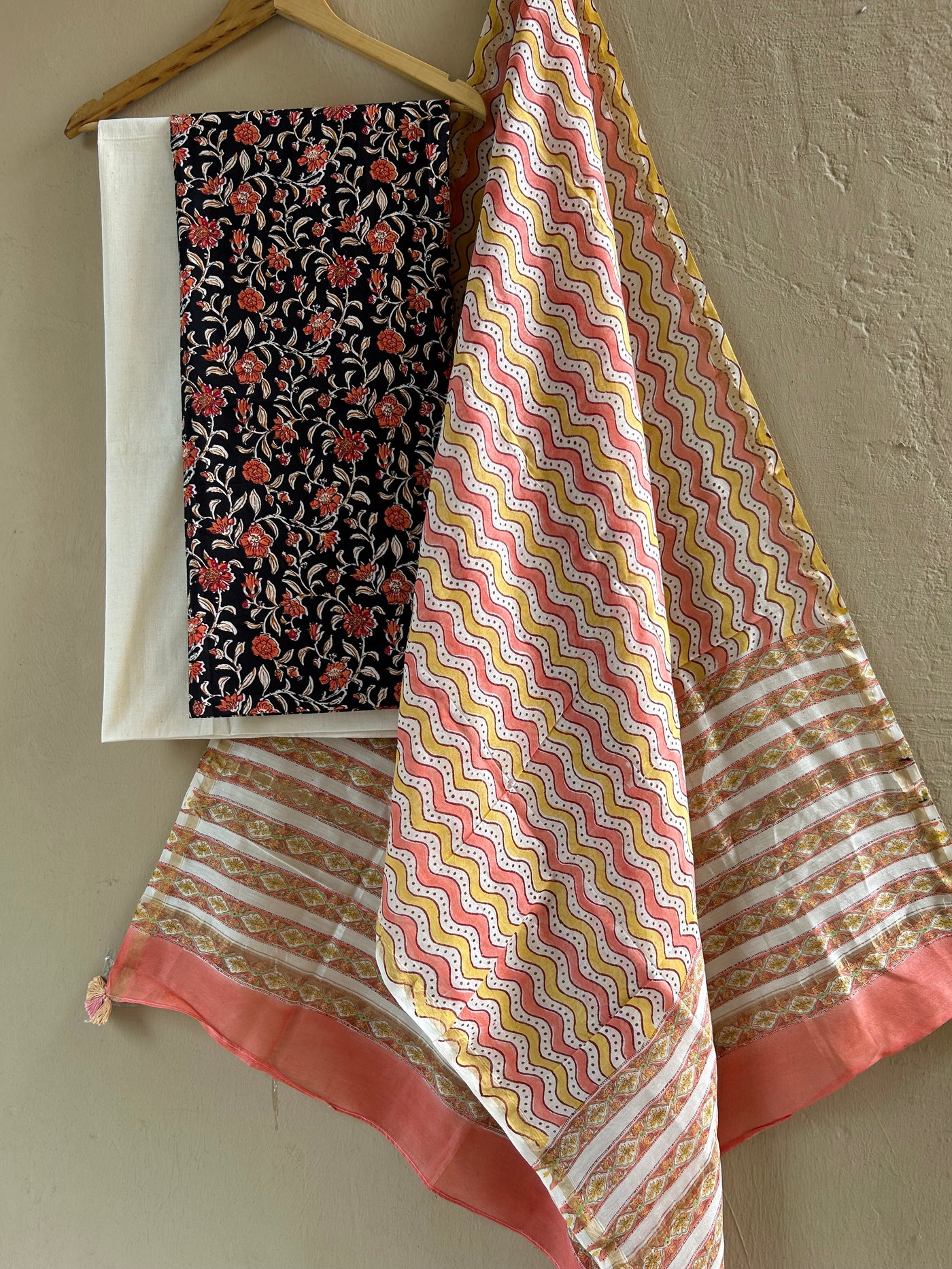 PHOOL: HANDBLOCK PRINTED COTTON 3 PIECE SUIT SET WITH CHANDERI DUPATTA