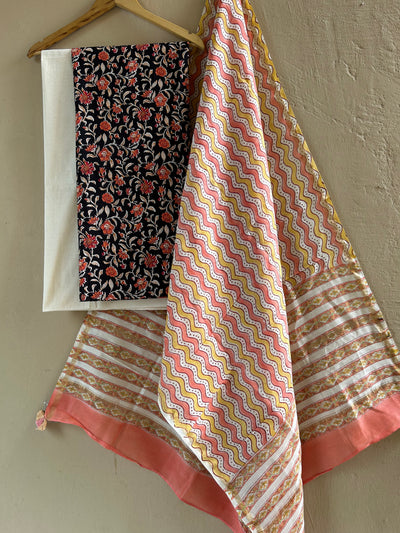 PHOOL: HANDBLOCK PRINTED COTTON 3 PIECE SUIT SET WITH CHANDERI DUPATTA