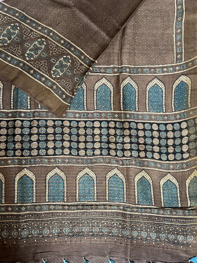 NAGME: Handblock LINEN Silk Tissue Ajrakh Saree (Copy)