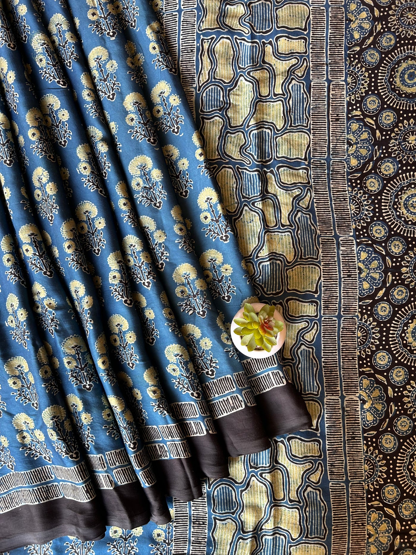 GOPIKA:INDIGO,HANDBLOCK AJRAKH MODAL SILK SAREE