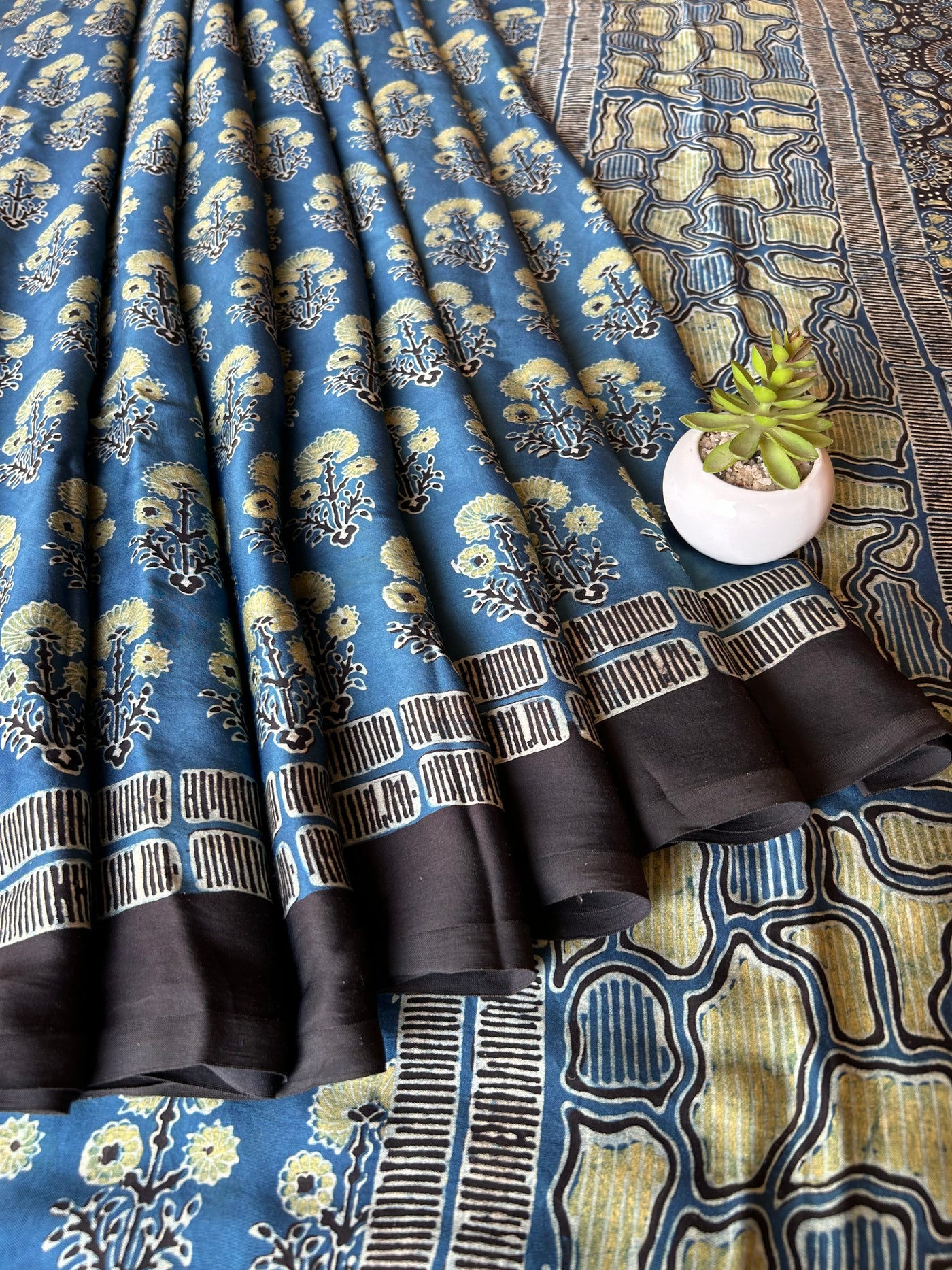 GOPIKA:INDIGO,HANDBLOCK AJRAKH MODAL SILK SAREE