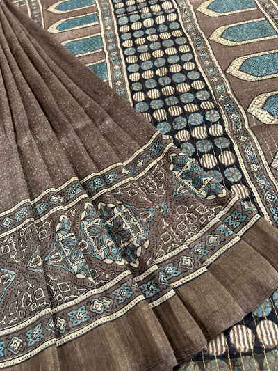 NAGME: Handblock LINEN Silk Tissue Ajrakh Saree (Copy)