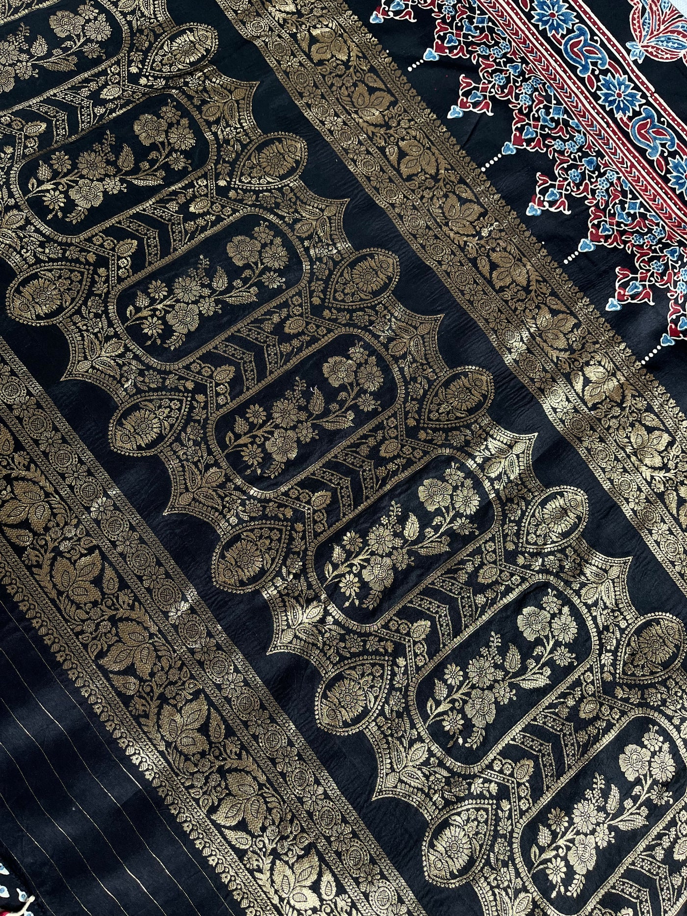 SAMEEKSHA:Handblock Ajrakh Dola Silk Saree with Meenakari Pallu