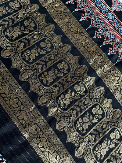 SAMEEKSHA:Handblock Ajrakh Dola Silk Saree with Meenakari Pallu