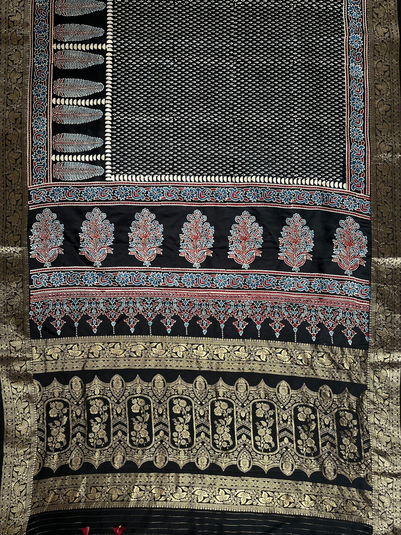 SAMEEKSHA:Handblock Ajrakh Dola Silk Saree with Meenakari Pallu