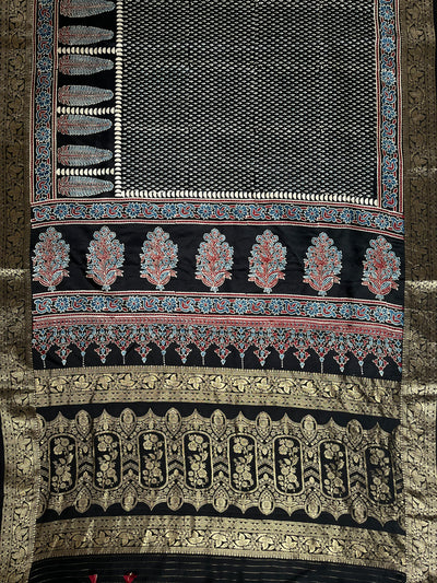 SAMEEKSHA:Handblock Ajrakh Dola Silk Saree with Meenakari Pallu