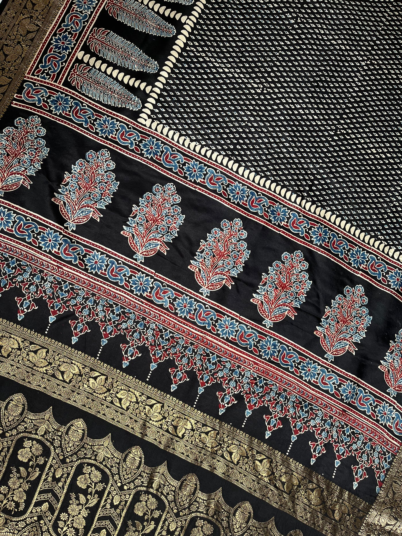 SAMEEKSHA:Handblock Ajrakh Dola Silk Saree with Meenakari Pallu
