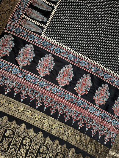 SAMEEKSHA:Handblock Ajrakh Dola Silk Saree with Meenakari Pallu