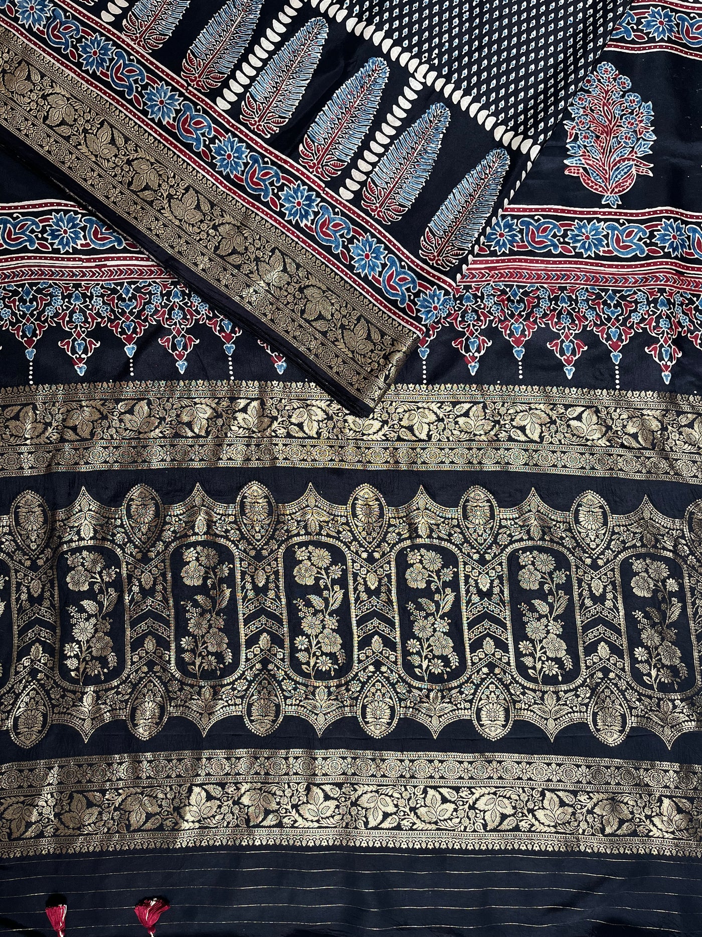 SAMEEKSHA:Handblock Ajrakh Dola Silk Saree with Meenakari Pallu