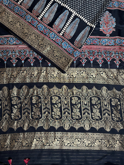 SAMEEKSHA:Handblock Ajrakh Dola Silk Saree with Meenakari Pallu