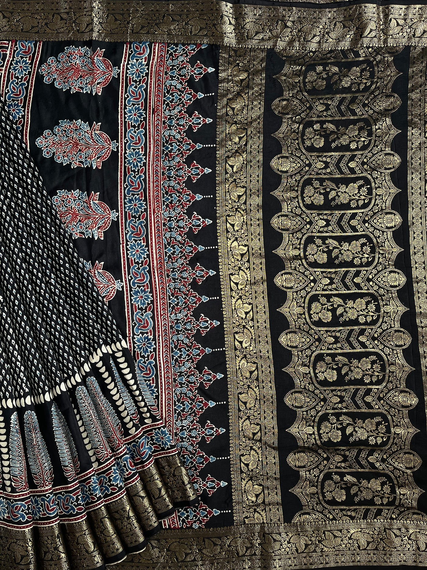 SAMEEKSHA:Handblock Ajrakh Dola Silk Saree with Meenakari Pallu