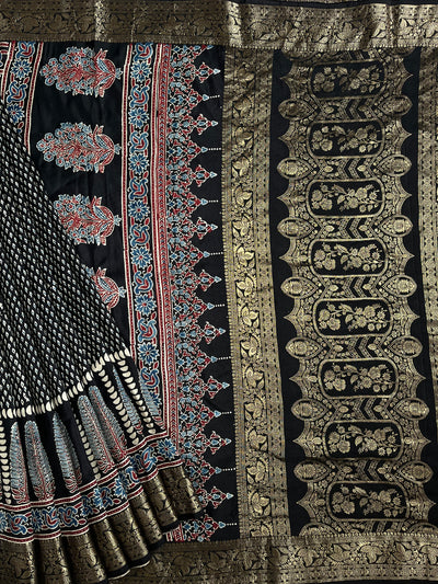 SAMEEKSHA:Handblock Ajrakh Dola Silk Saree with Meenakari Pallu