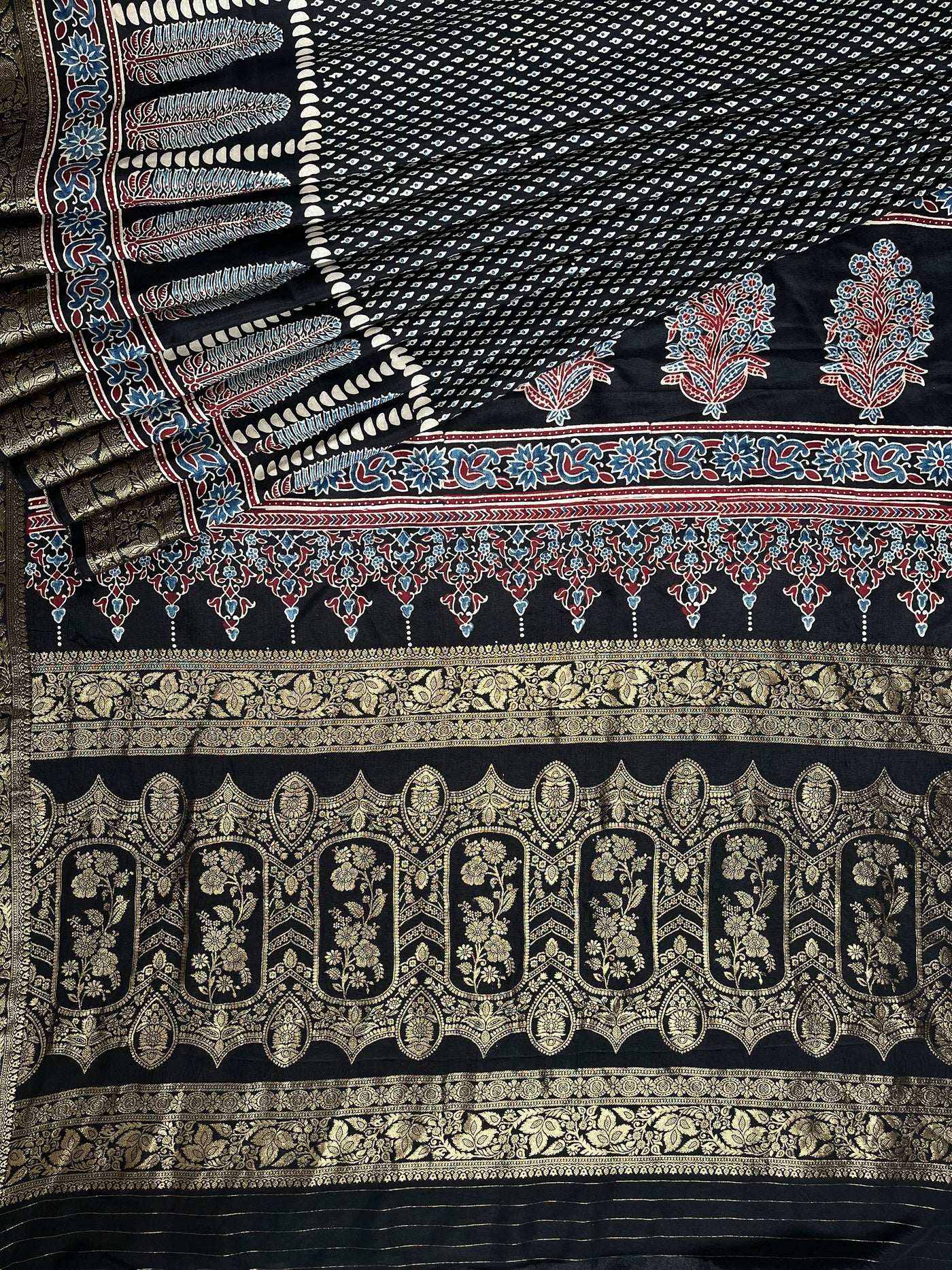 SAMEEKSHA:Handblock Ajrakh Dola Silk Saree with Meenakari Pallu