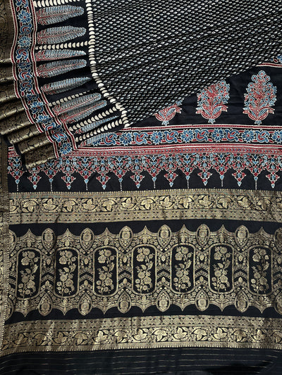 SAMEEKSHA:Handblock Ajrakh Dola Silk Saree with Meenakari Pallu