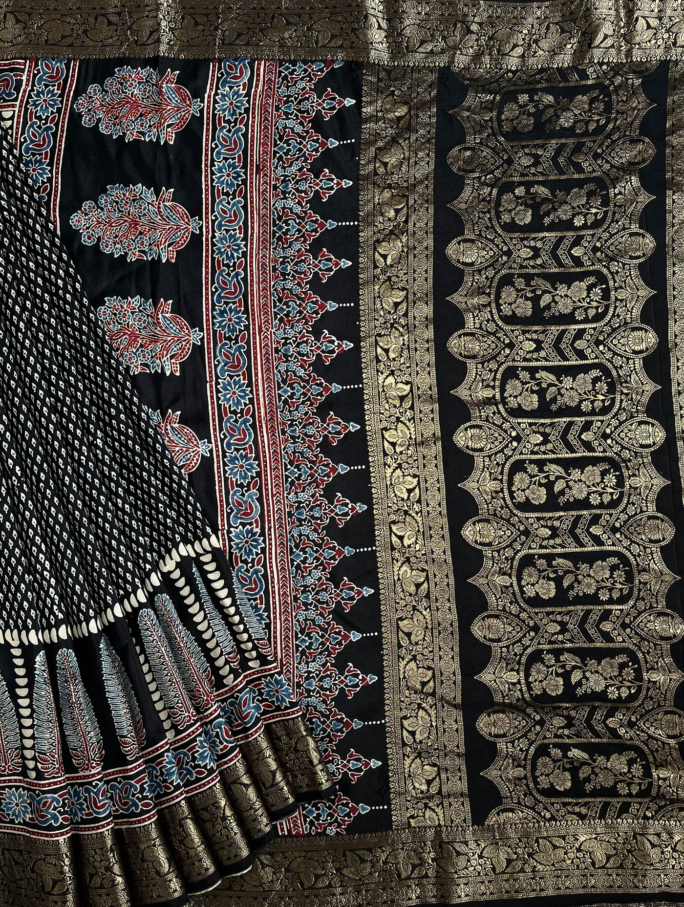 SAMEEKSHA:Handblock Ajrakh Dola Silk Saree with Meenakari Pallu