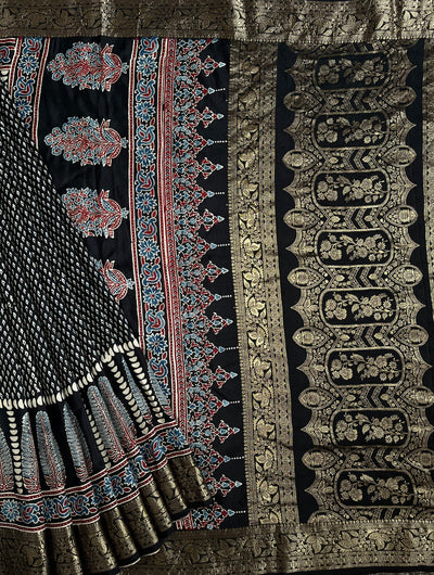 SAMEEKSHA:Handblock Ajrakh Dola Silk Saree with Meenakari Pallu