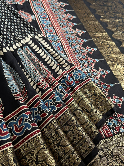 SAMEEKSHA:Handblock Ajrakh Dola Silk Saree with Meenakari Pallu