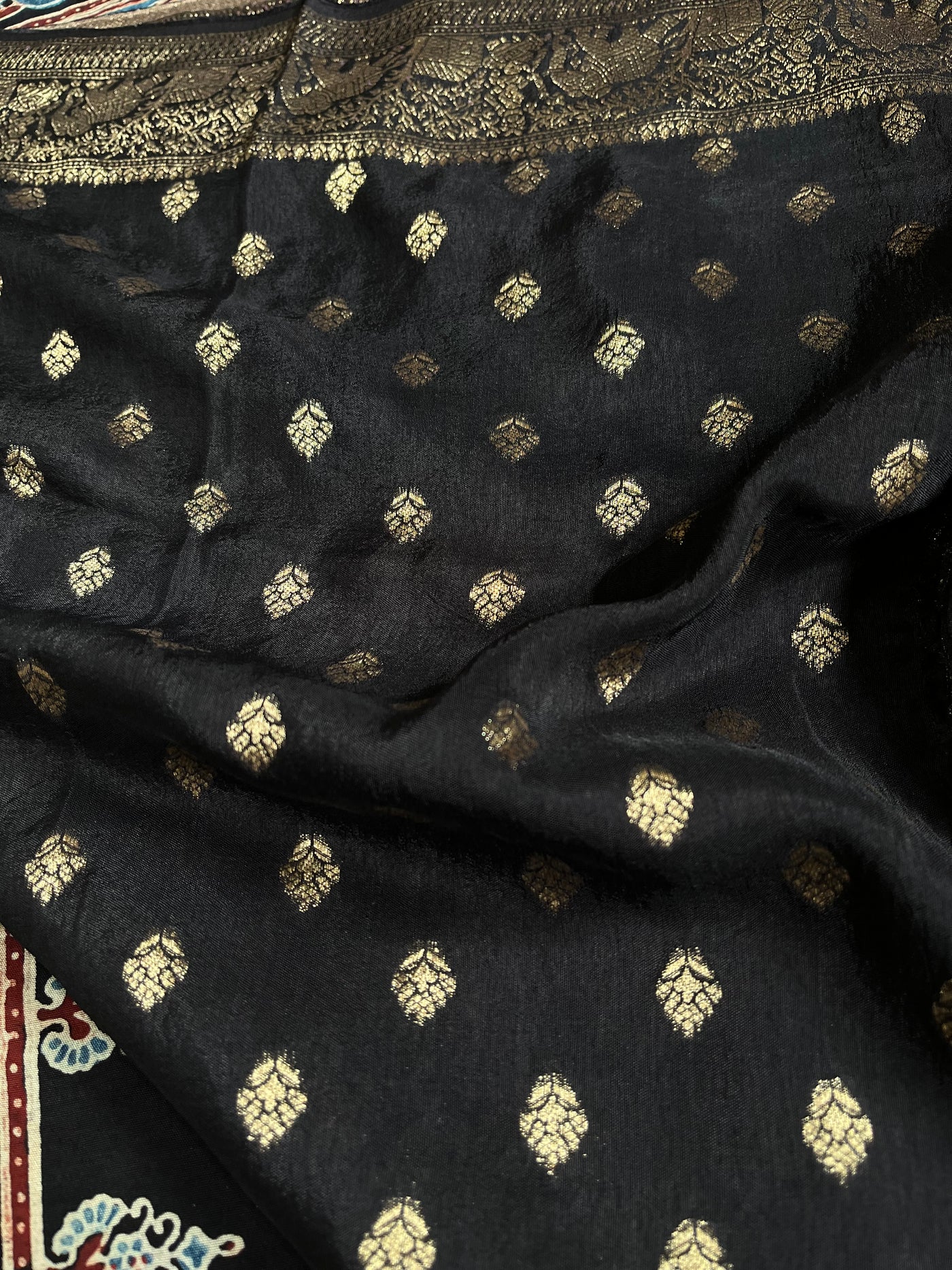 DHANYA:Handblock Ajrakh Dola Silk Saree with Meenakari Pallu