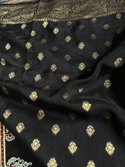 DHANYA:Handblock Ajrakh Dola Silk Saree with Meenakari Pallu