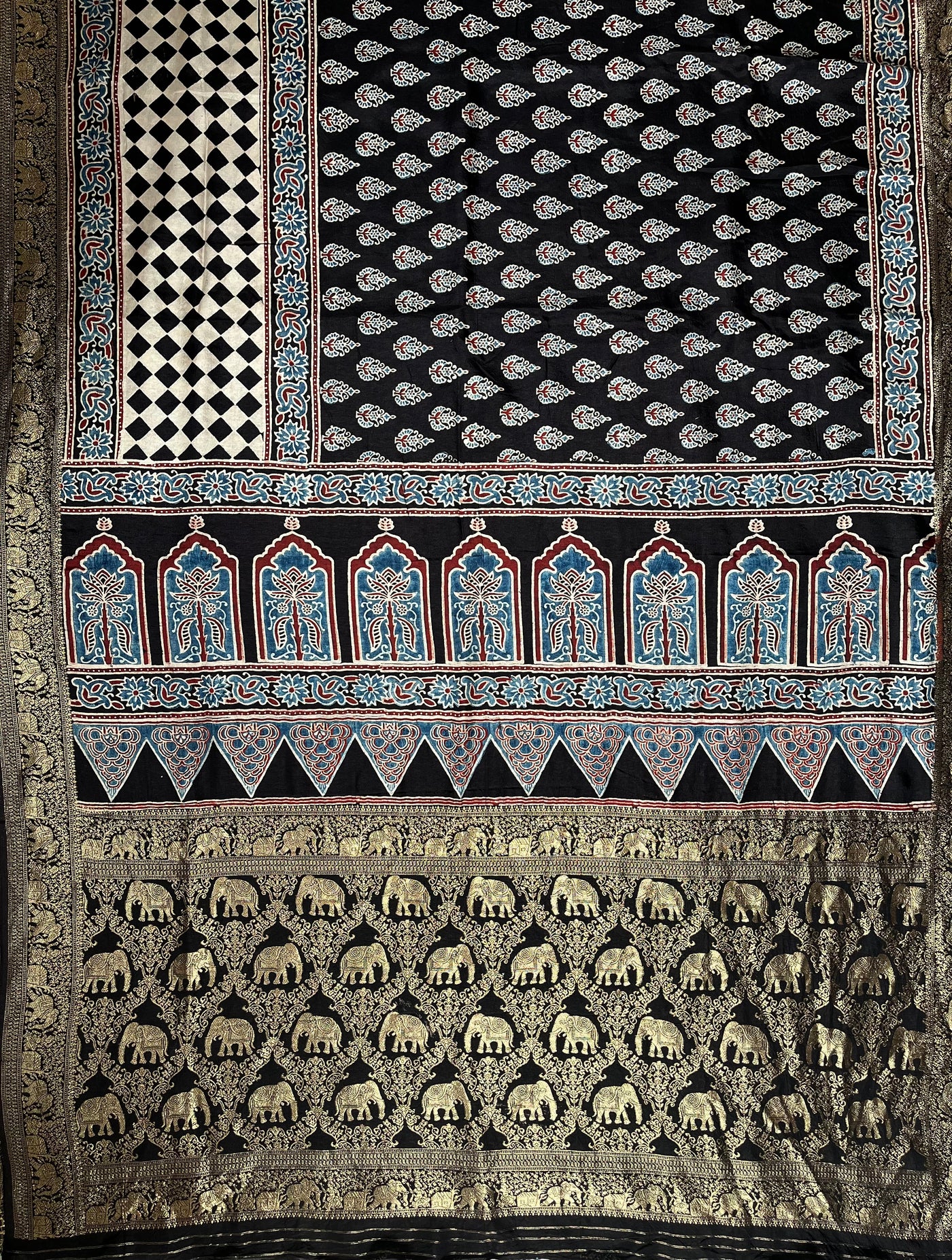 DHANYA:Handblock Ajrakh Dola Silk Saree with Meenakari Pallu