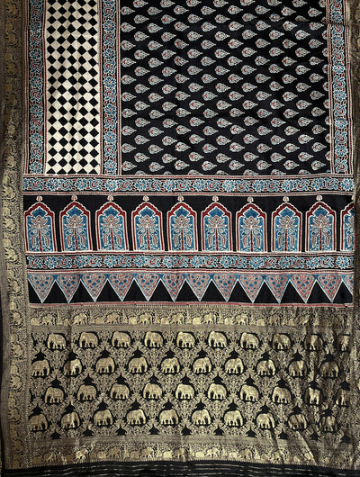 DHANYA:Handblock Ajrakh Dola Silk Saree with Meenakari Pallu