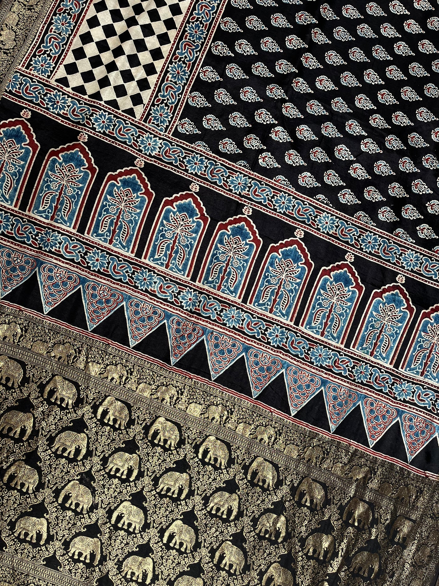 DHANYA:Handblock Ajrakh Dola Silk Saree with Meenakari Pallu