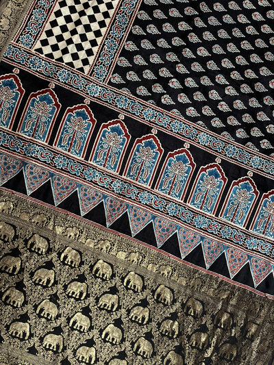 DHANYA:Handblock Ajrakh Dola Silk Saree with Meenakari Pallu