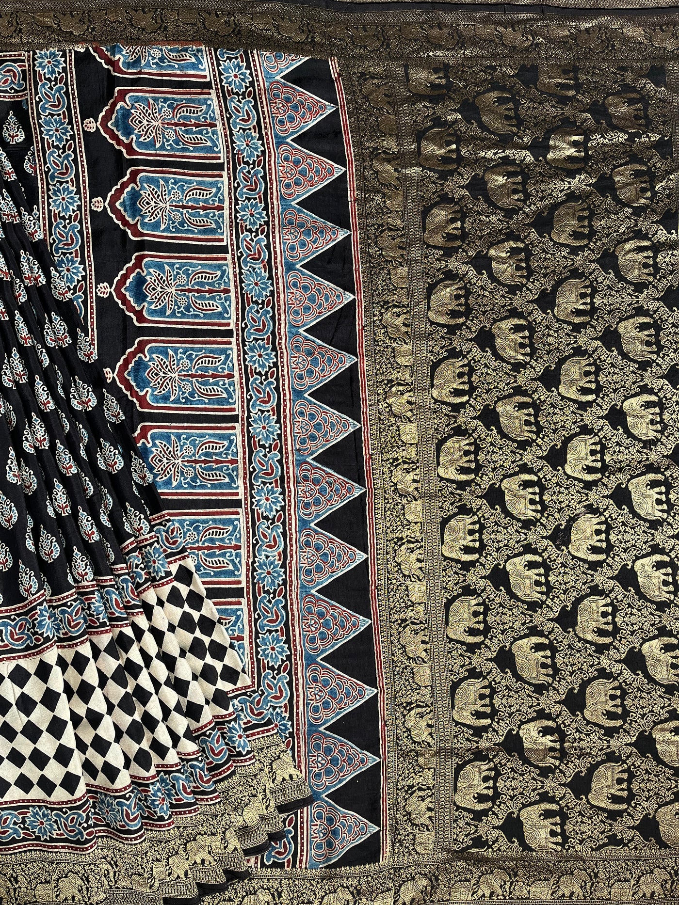 DHANYA:Handblock Ajrakh Dola Silk Saree with Meenakari Pallu